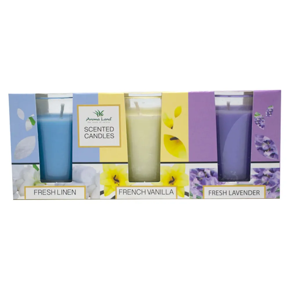 Lumanare parfumata in pahar, Aroma Land, fresh linen / vanilie / lavanda, set 3 arome