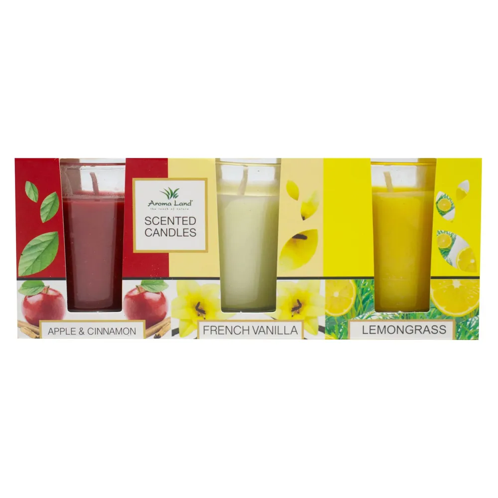 Lumanare parfumata in pahar, Aroma Land, mar si scortisoara / vanilie / lemon grass, set 3 arome