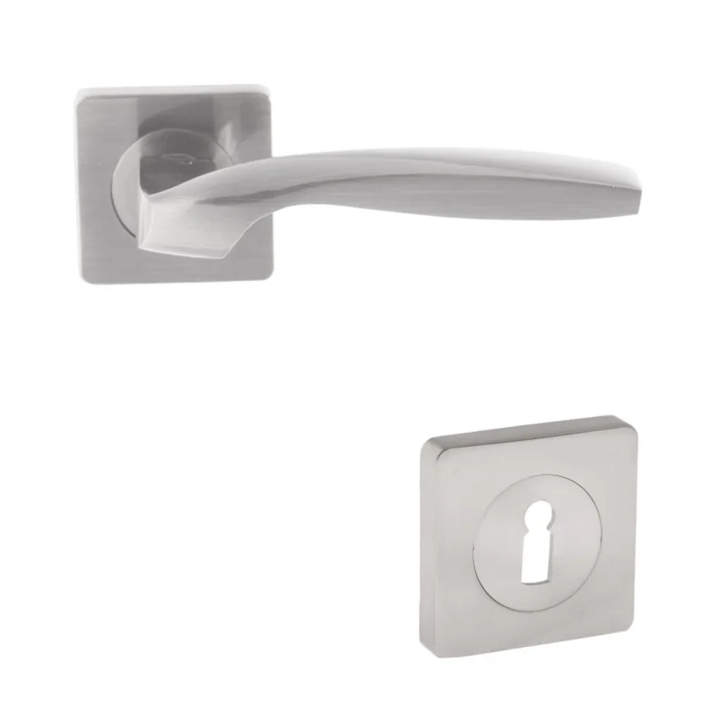 Maner cu rozeta patrata pentru usa lemn, Dubai Gato BB(K) RS55SN, zamac, satin nichel, 130 x 55 mm