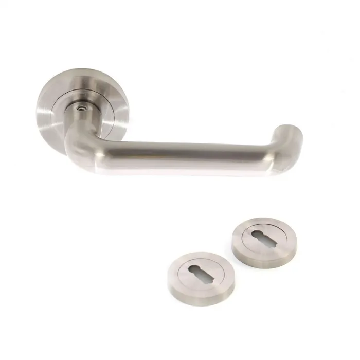 Maner cu rozeta rotunda pentru usa interior, BestImp H08, aliaj metalic, satin nichel, 135 x 55 mm