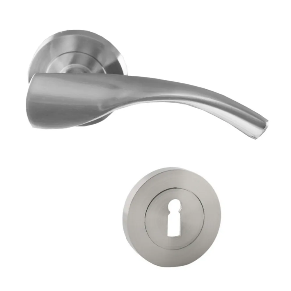 Maner cu rozeta rotunda pentru usa lemn, Bilbao Gato BB(K) RR55SN, zamac, satin nichel, 125 x 55 mm