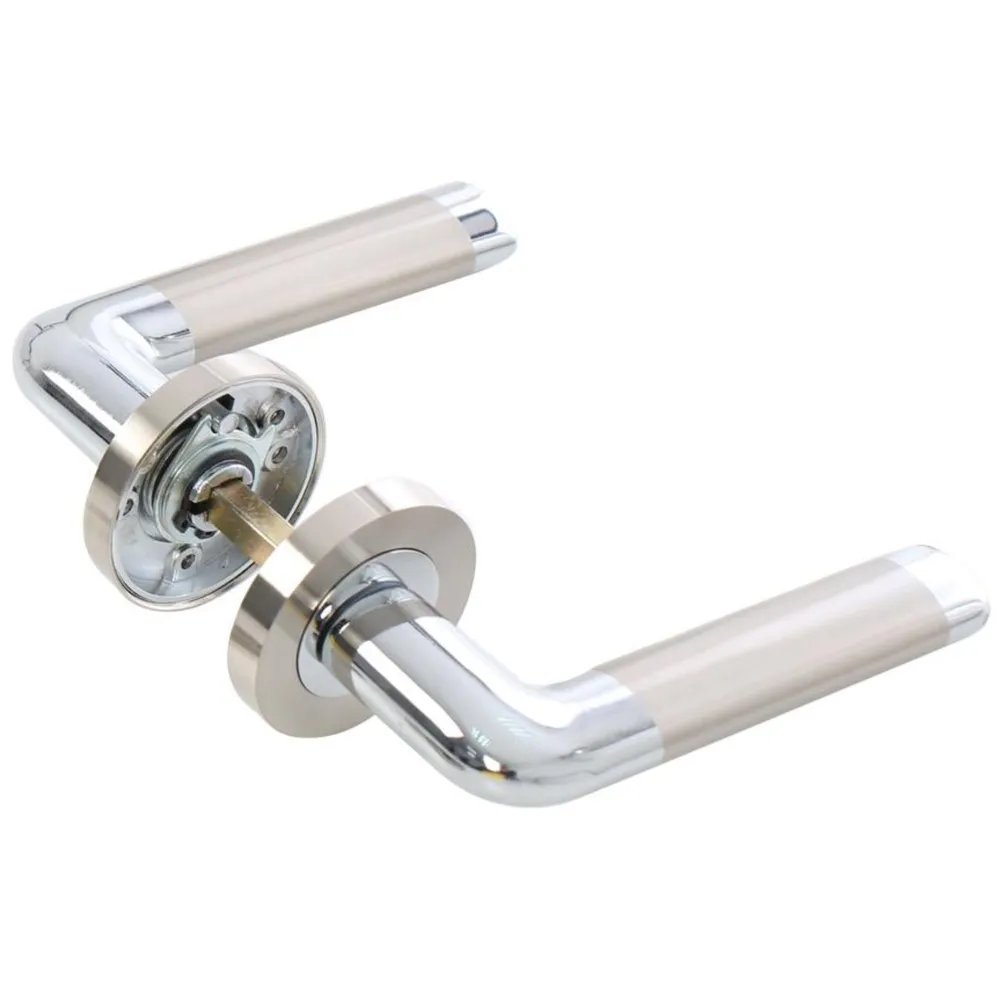 Maner cu rozeta rotunda pentru usa lemn, Iris Gato BB(K) RR55SN/CP, zamac, satin nichel + crom polisat, 120 x 55 mm
