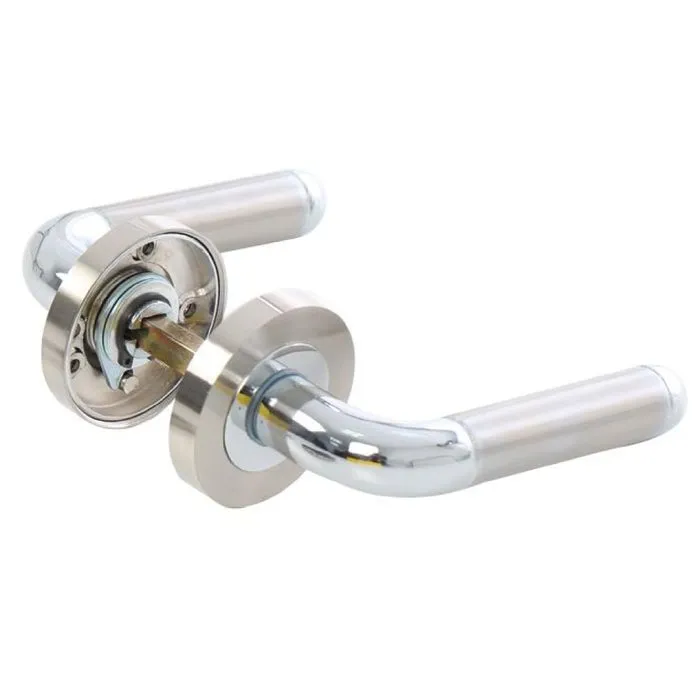 Maner cu rozeta rotunda pentru usa lemn, Villa Gato BB(K) RR55SN/CP, satin nichel + crom polisat, 115 x 55 mm