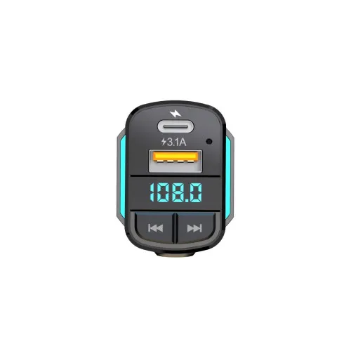 Modulator FM Bluetooth 5.3 cu USB card TF si cablu incarcare Type-C Micro USB Lightning 12V-24V