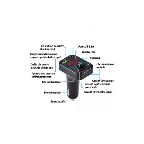 Modulator MP3 auto Bluetooth handsfree FM USB TF 3.1A LED compatibil 12V 24V Bluetooth — imaginea 3