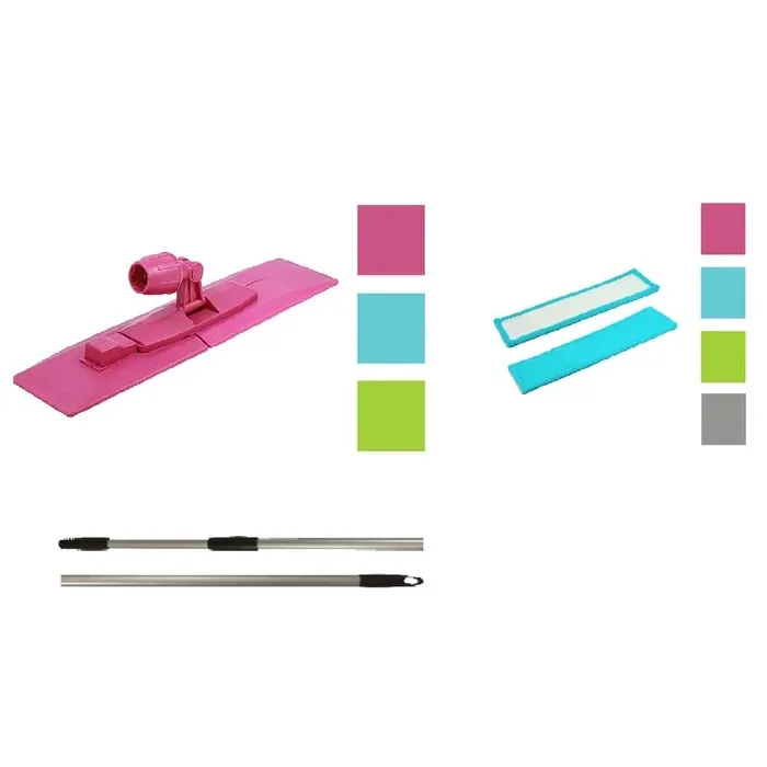 Mop plat microfibra + coada telescopica + suport din plastic, 40 x 10 x 8 cm, diverse culori
