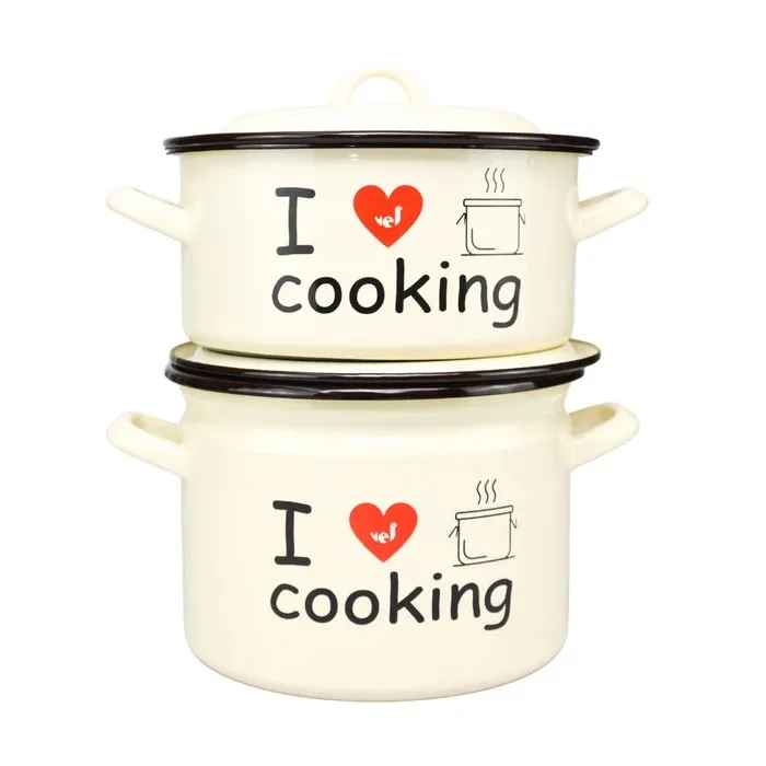 Oala + cratita Cooking, email, cu capac, crem, 18 cm, set 4 piese