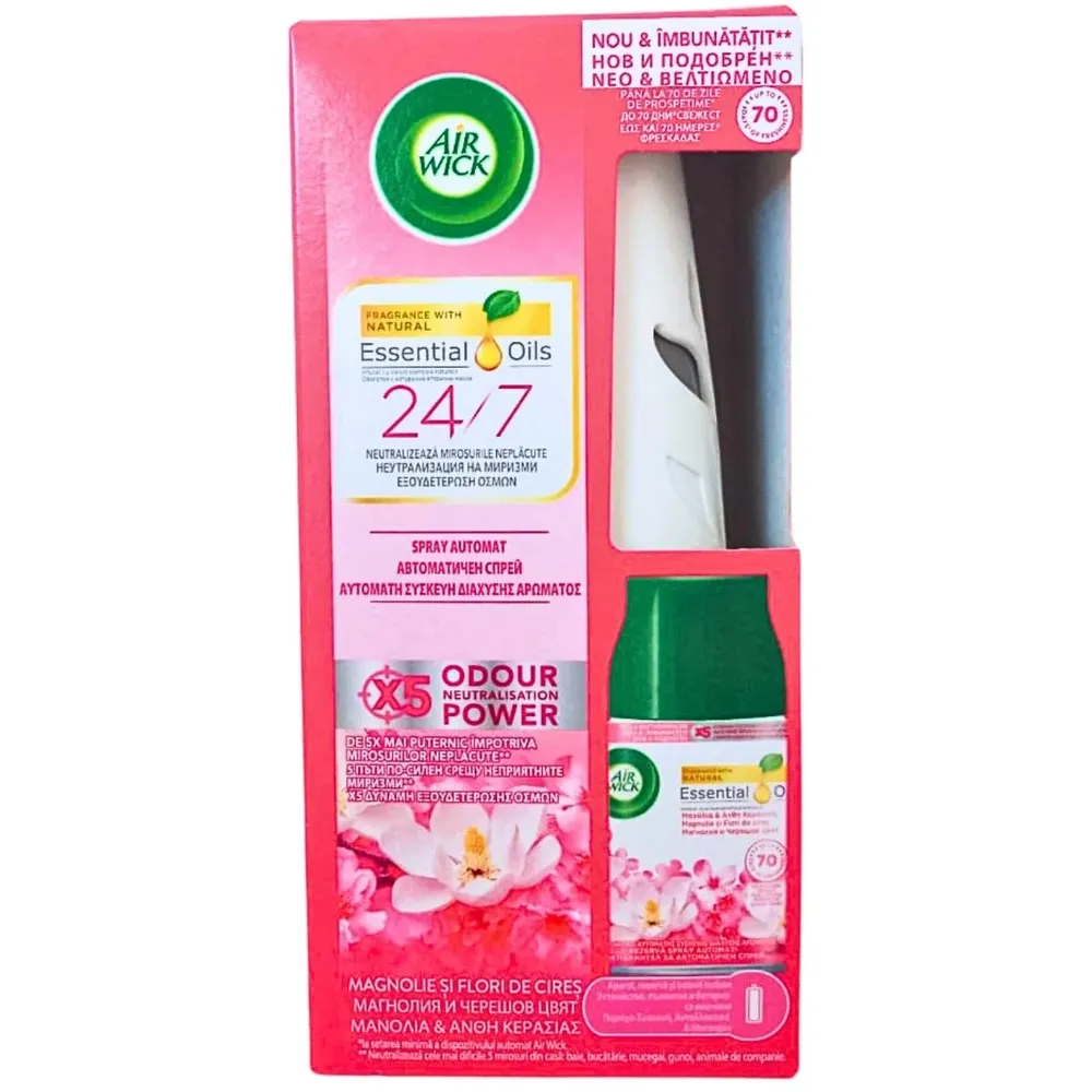 Odorizant camera Air Wick, aparat + rezerva + baterie, magnolie si flori de cires, 250 ml