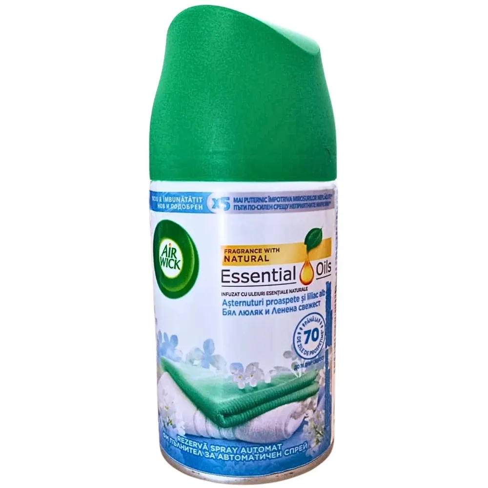Odorizant camera Air Wick, rezerva, asternuturi proaspete si liliac alb, 250 ml