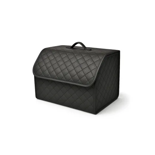 Organizator portbagaj auto Premium din piele ecologica negru cu cusatura neagra 40x30x30 cm
