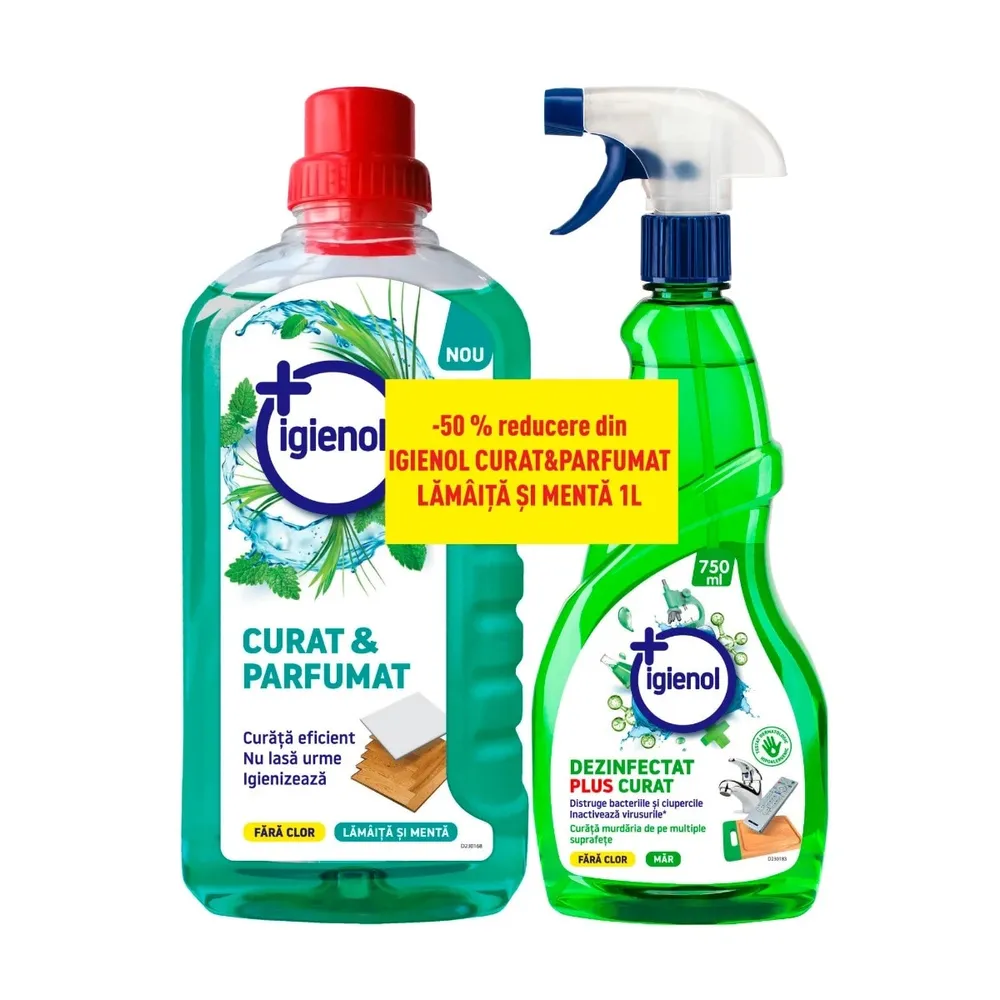 Pachet dezinfectant Igienol, mar 750 ml + lamaita/menta 1 L, pentru multiple suprafete si pardoseli