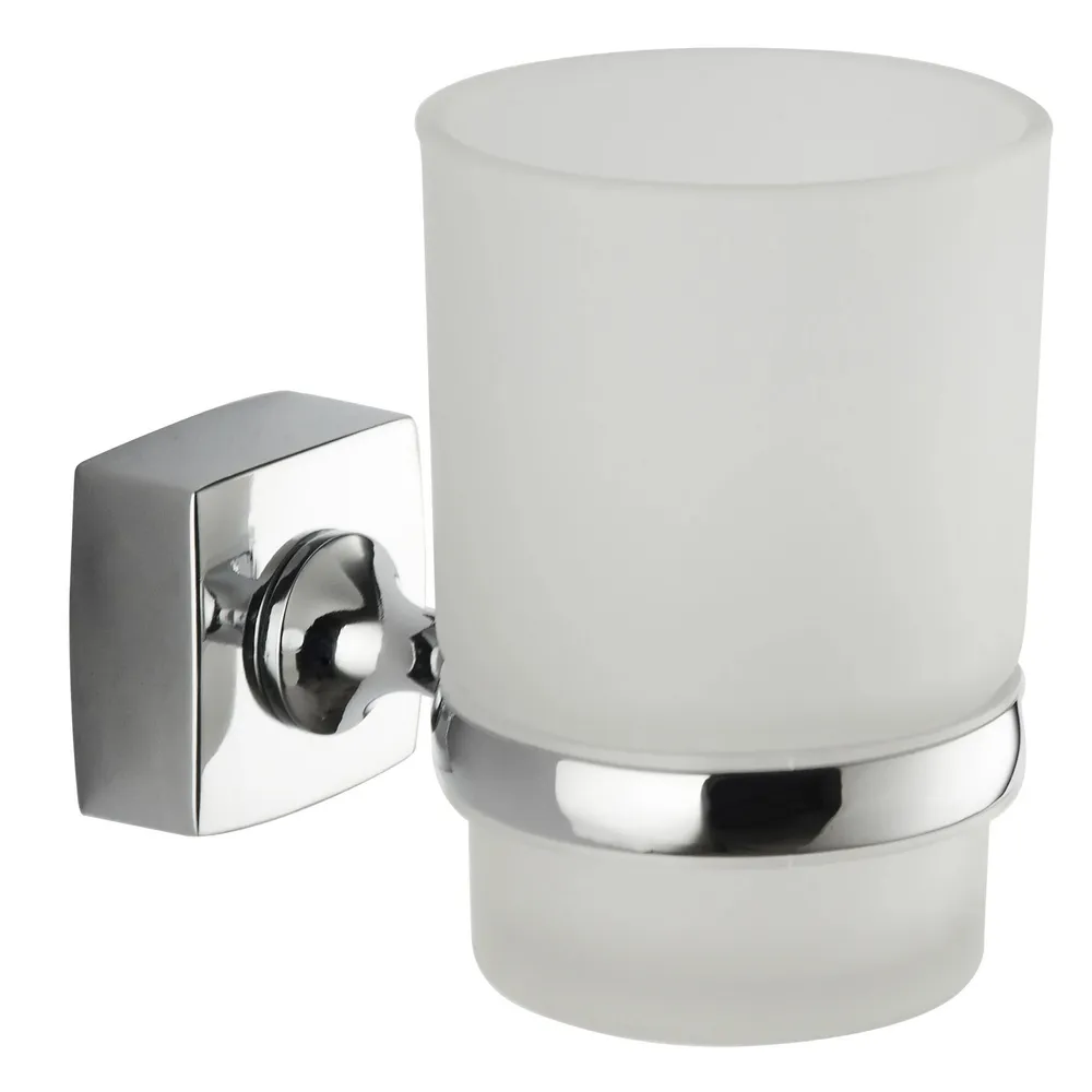 Pahar baie pentru igiena personala, cu suport, Iobagno Quadra AC1105, sticla, mat, prindere pe perete, 10 x 12 x 7 cm
