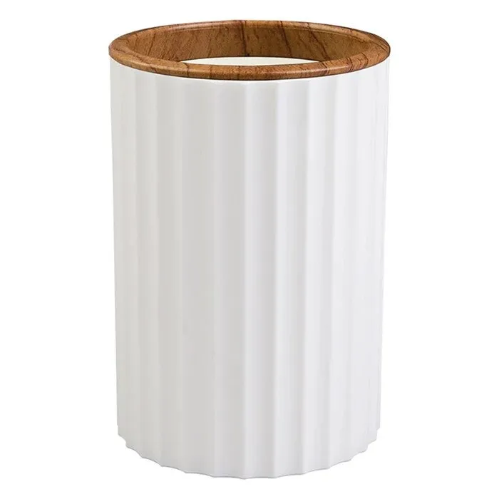 Pahar baie pentru igiena personala, Okyanus Home Coliseum OKY-456-3, polipropilena + ABS, stativ, alb + lemn, 12.2 x 8.3 x 8.3 cm