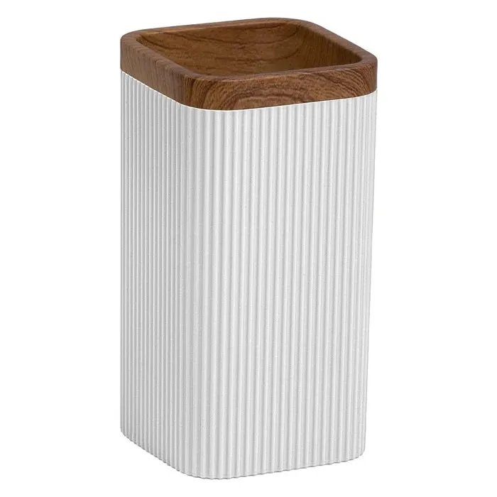 Pahar baie pentru igiena personala, Okyanus Home Stella OKY-464-3, polistiren + ABS, stativ, alb + lemn, 11 x 6.8 x 6.8 cm