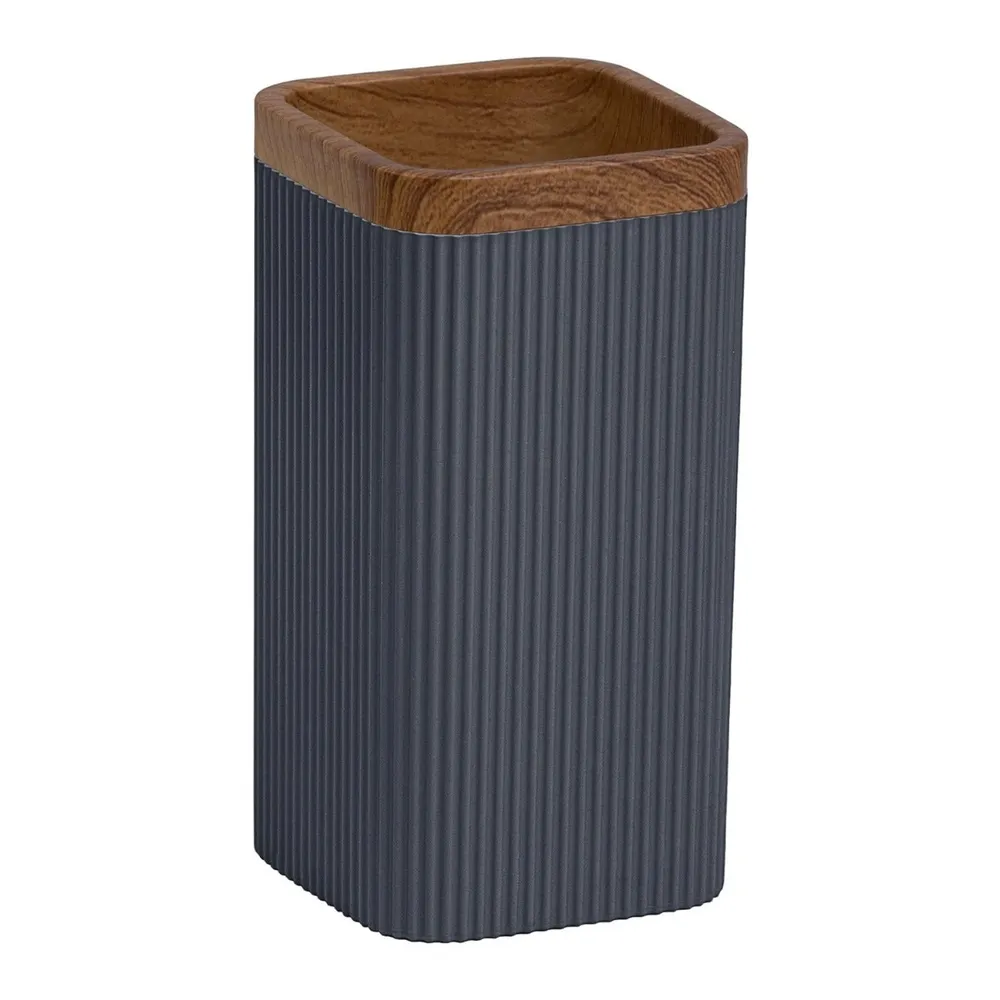 Pahar baie pentru igiena personala, Okyanus Home Stella OKY-464-3, polistiren + ABS, stativ, antracit + lemn, 11 x 6.8 x 6.8 cm