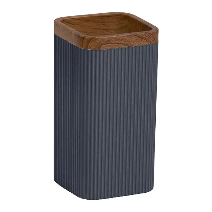 Pahar baie pentru igiena personala, Okyanus Home Stella OKY-464-3, polistiren + ABS, stativ, antracit + lemn, 11 x 6.8 x 6.8 cm
