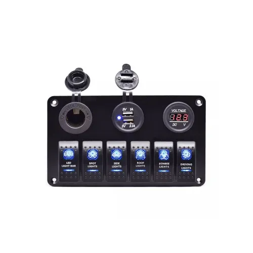 Panou cu voltmetru, USB, priză 12V și 6 întrerupătoare