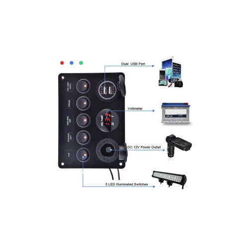 Panou de comutatoare cu priză, voltmetru, 5 întrerupătoare și port USB 12V 20A — imaginea 4