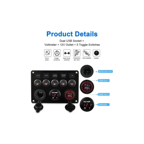 Panou de comutatoare cu priză, voltmetru, 5 întrerupătoare și port USB 12V 20A — imaginea 3