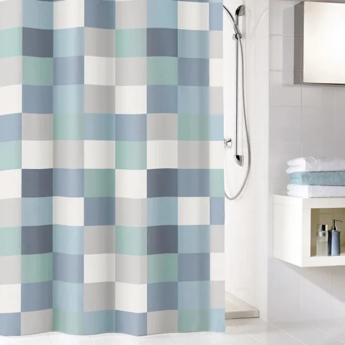 Perdea dus Kleine Wolke Check 34282, model carouri, gri / albastru, 180 x 200 cm