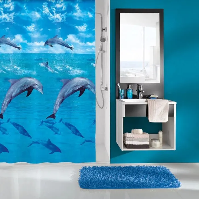 Perdea dus Kleine Wolke Dolphin 34287, model marin, albastru, 180 x 200 cm