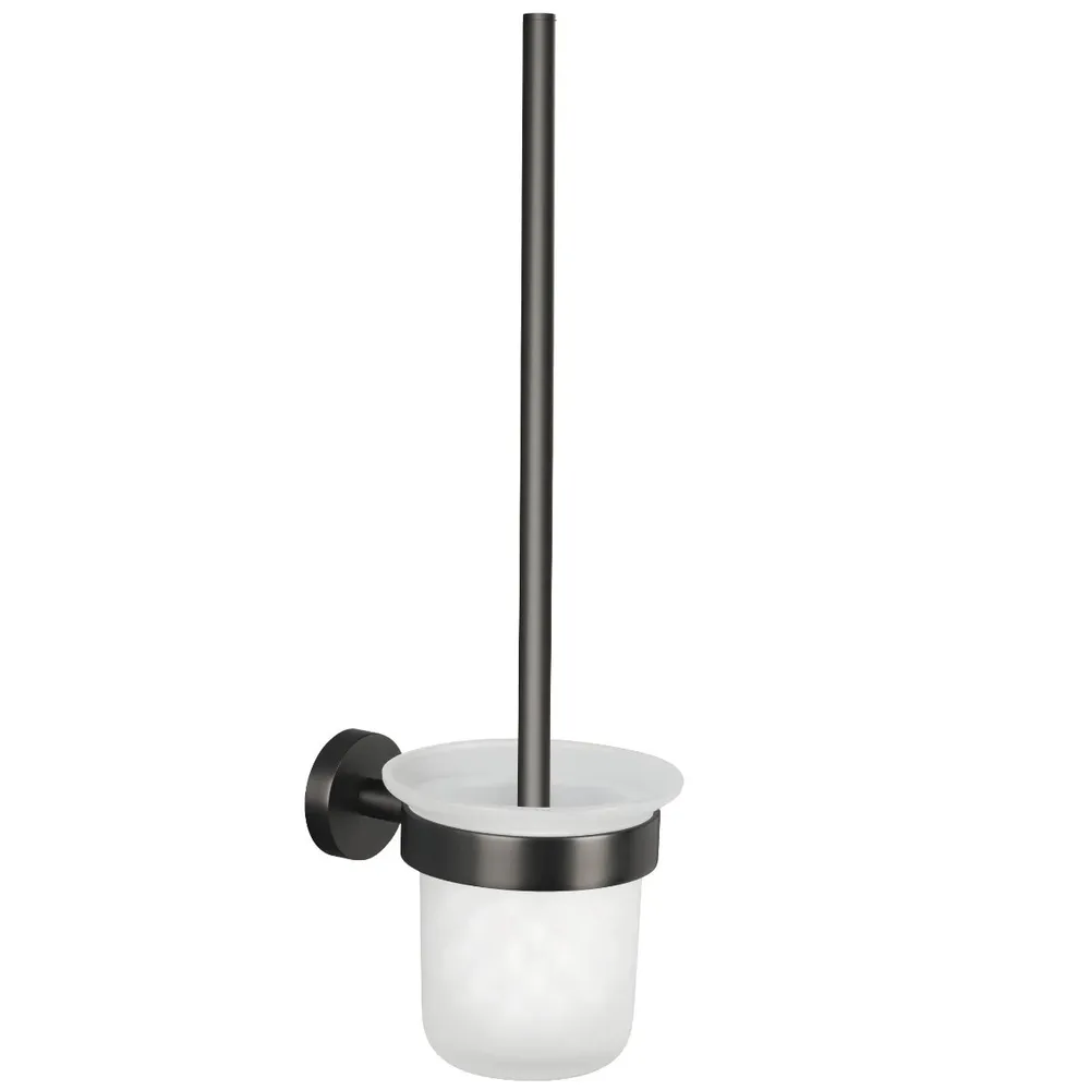 Perie WC tesa Moon 40591, suspendat, autoadeziv, metal inox + sticla mata, 37.9 x 11.2 x 14.5 cm