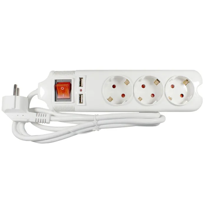Prelungitor 3 prize, 2 x USB, 1.5 m, 3500W, 3 x 1.5 mmp, alb, contact de protectie, intrerupator, indicator luminos