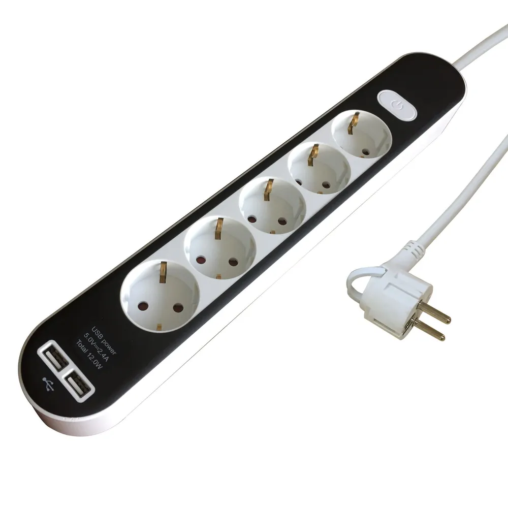 Prelungitor cu fir Lexman, IP20, 5 prize, 2 USB, 3 x 1.5 mmp, 3680 W, 1.5 m, negru