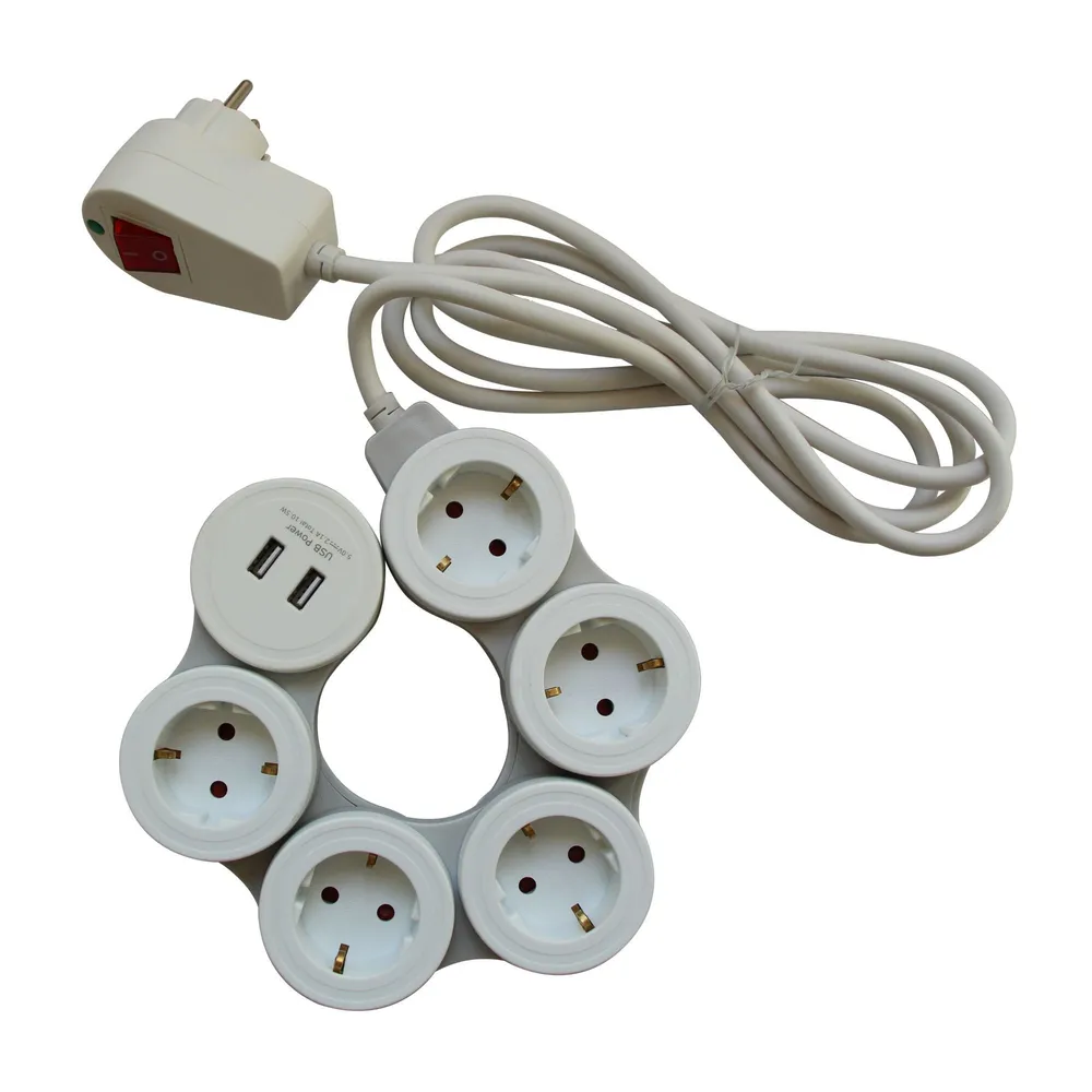 Prelungitor cu fir Lexman, IP20, 5 prize, 2 USB, 3 x 1.5 mmp, 3680 W, 2 m, alb