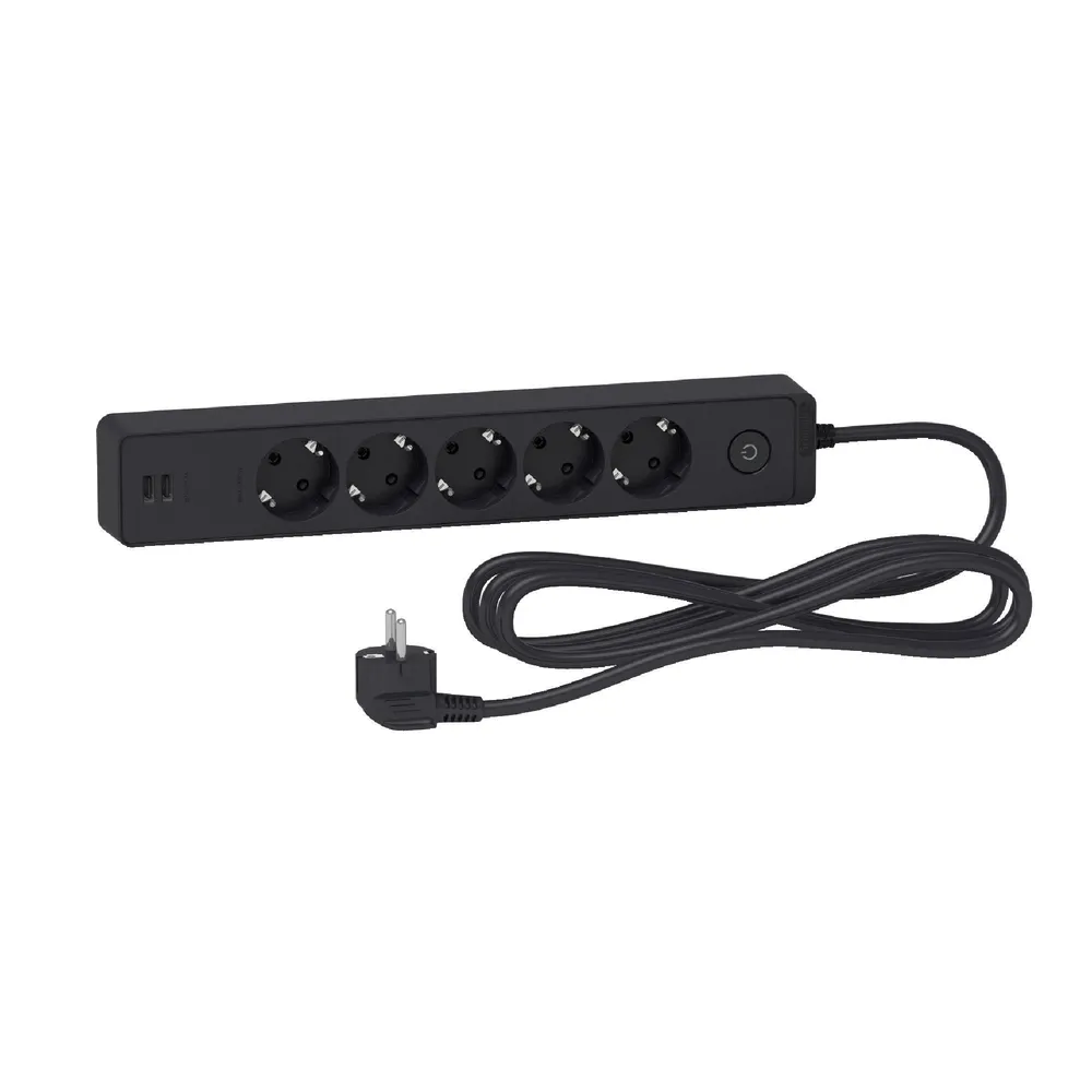 Prelungitor cu fir Schneider cu intrerupator, 5 prize si 2 USB, 3680 W, 3 m, negru