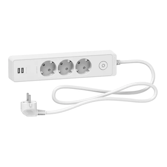 Prelungitor Schneider Electric ST943U1W, 3 prize cu contact de protectie si 2 prize USB 5V 2.4A, 1.5 m, 3680W, intrerupator, indicator luminos