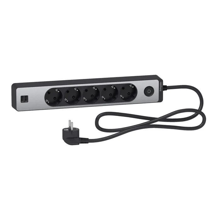 Prelungitor Schneider Electric ST945U1BA, 5 prize cu contact de protectie si 2 prize USB 5V 2.4A, 1.5 m, 3680W, intrerupator, indicator luminos