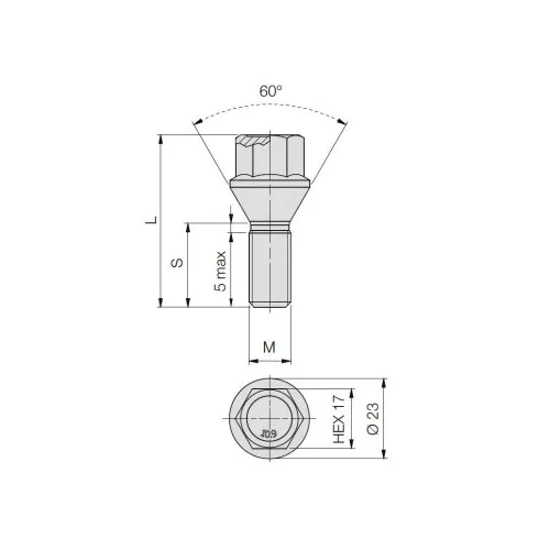 Prezon janta auto M12x1.25 28mm cap cheie 17 con drept — imaginea 2