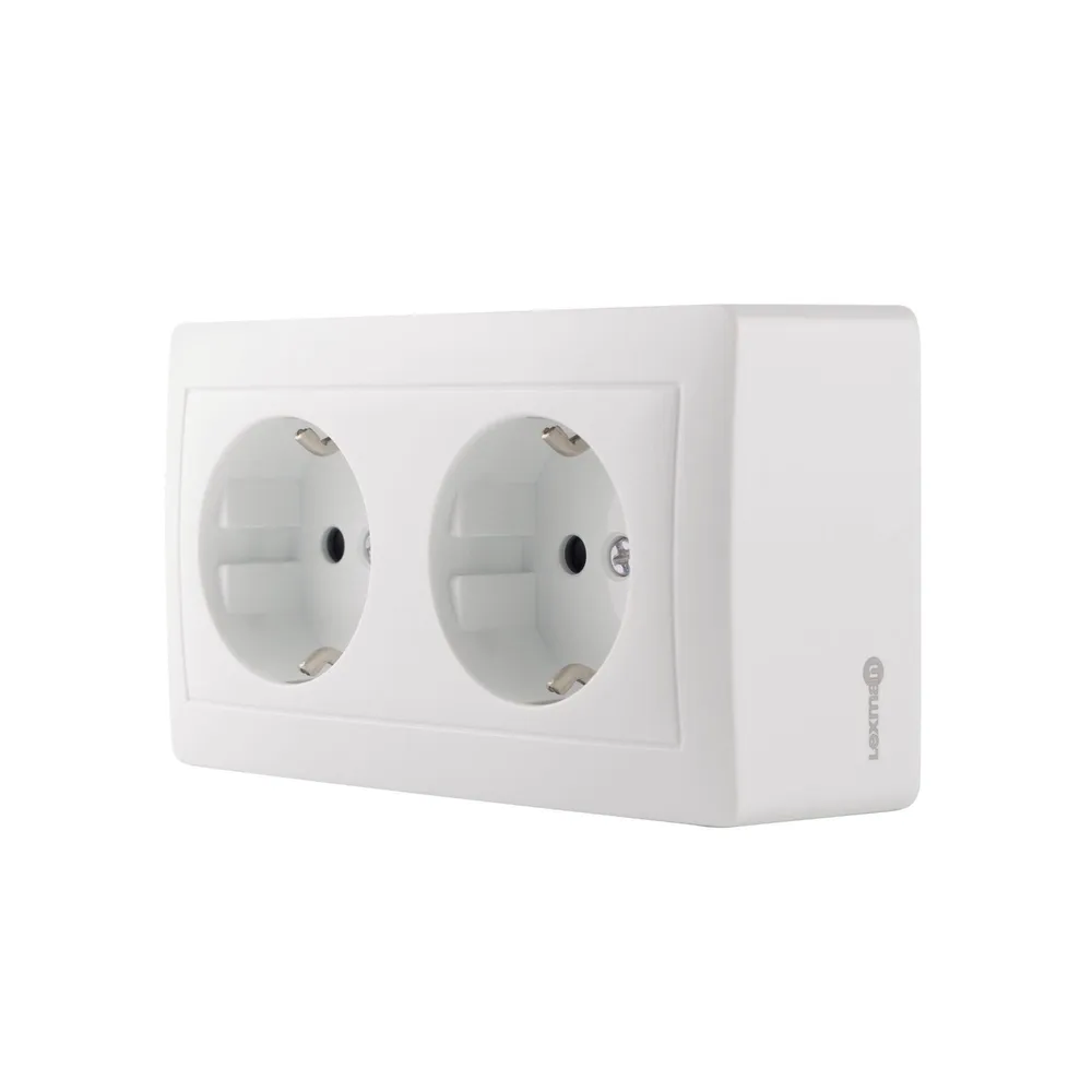 Priza schuko dubla Lexman, montaj aplicat, interior, IP20, alba