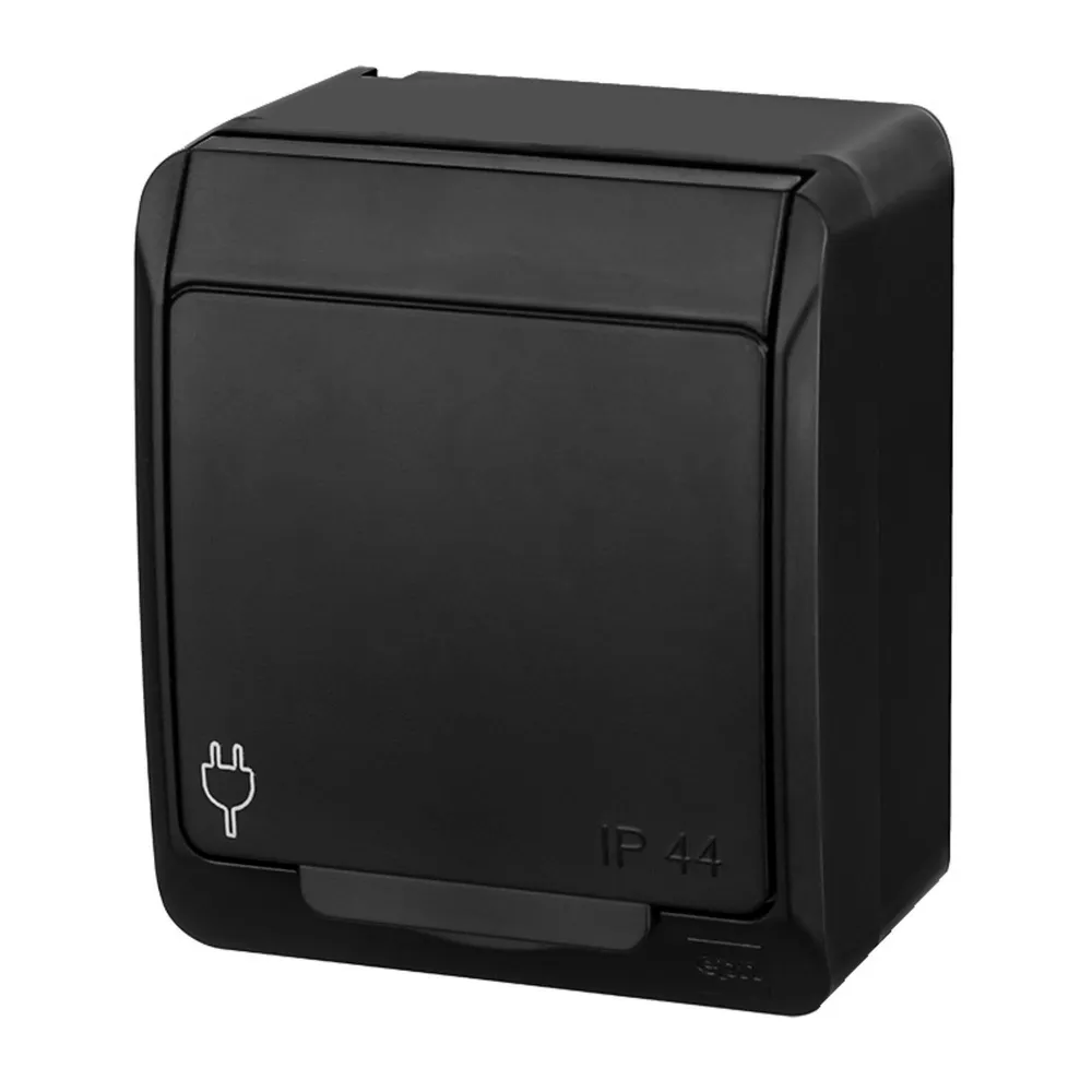 Priza schuko simpla Hermes, cu clapeta, montaj aplicat, exterior, IP44, neagra