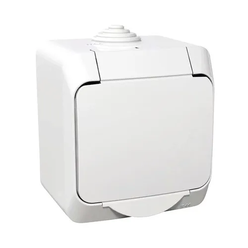 Priza simpla cu impamantare Schneider Cedar Plus, alb, IP44, montaj aplicat, 1 priza