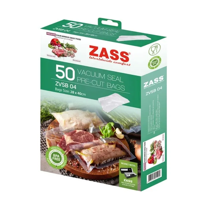Pungi pentru aparat de vidat alimente, Zass ZVSB 04, 28 x 40 cm, grosime 0.18, rezistenta la caldura si frig, fara BPA, transparent, set 50 bucati