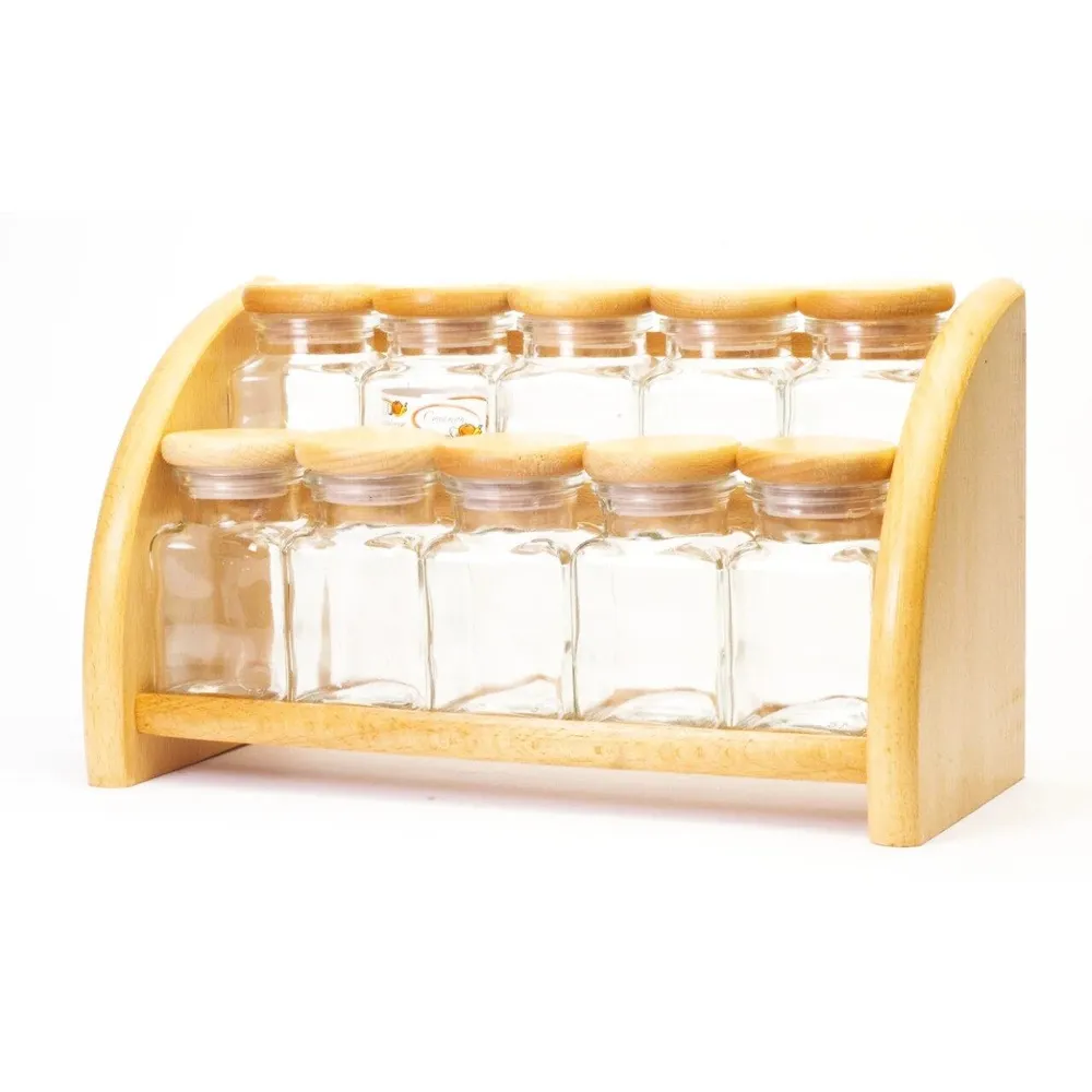 Recipiente condimente + suport, lemn + sticla transparenta, 33 x 14 x 19 cm, set 10 bucati