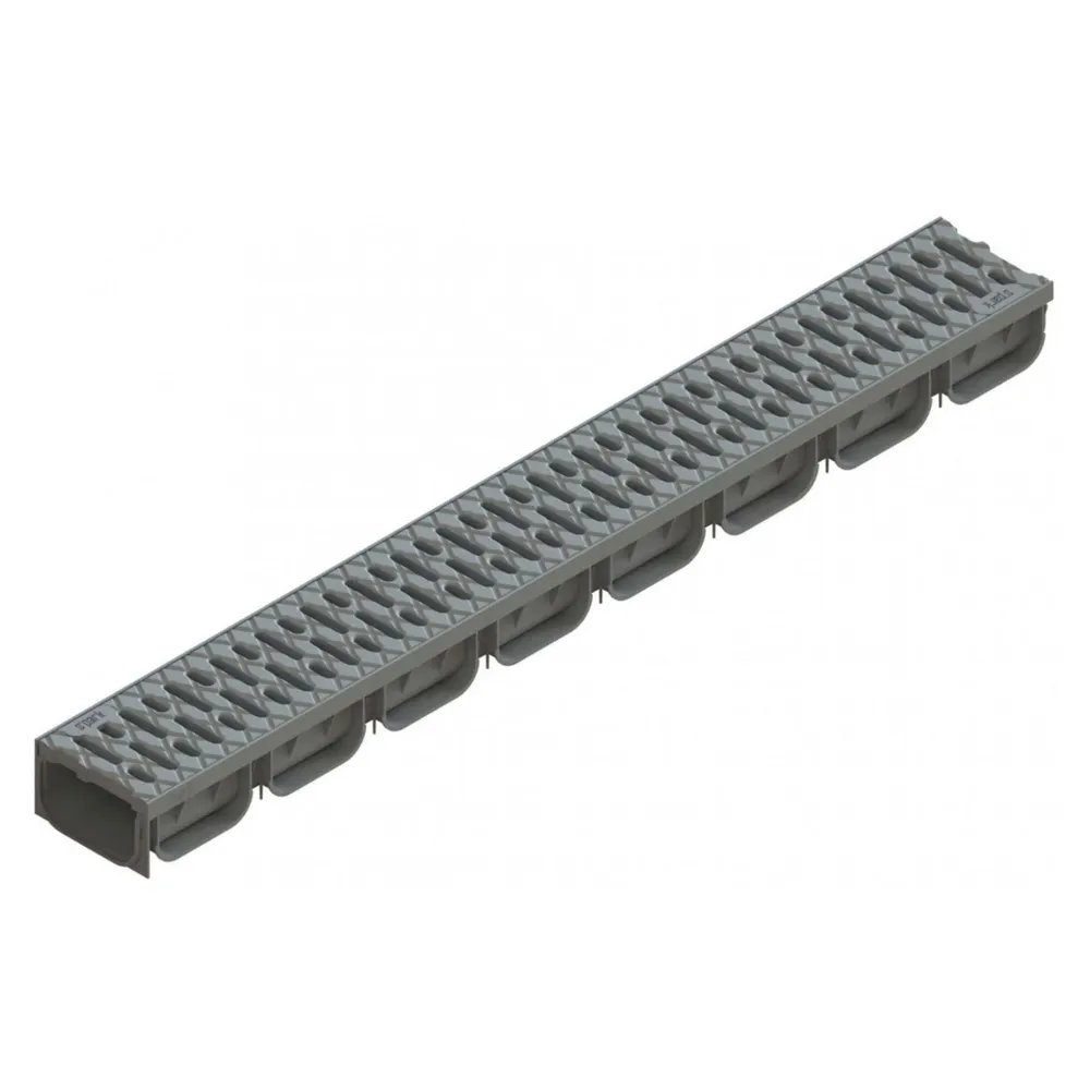 Rigola plastic Vodaland, pietonala, exterioara, pentru scurgere apa pluviala, cu gratar polipropilena, A15, gri, 1000 x 125 x 70 mm