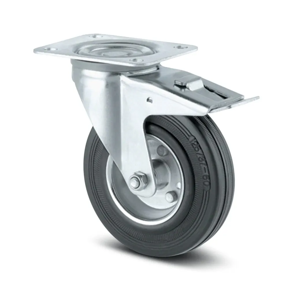 Roata pivotanta, din otel + cauciuc, cu frana, cu placa, 125 mm, 100 kg