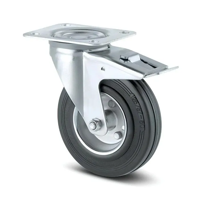 Roata pivotanta, din otel + cauciuc, cu frana, cu placa, 160 mm, 135 kg