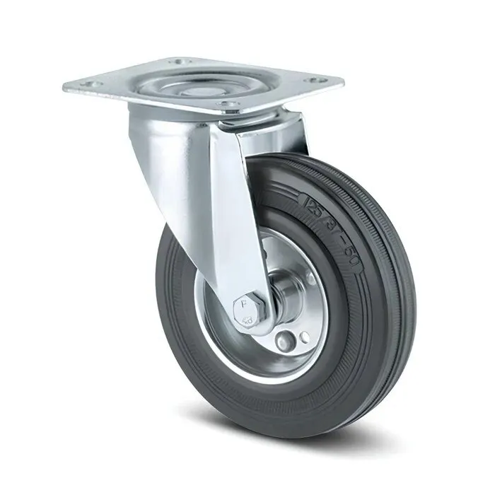 Roata pivotanta, din otel + cauciuc, fara frana, cu placa, 100 mm, 70 kg