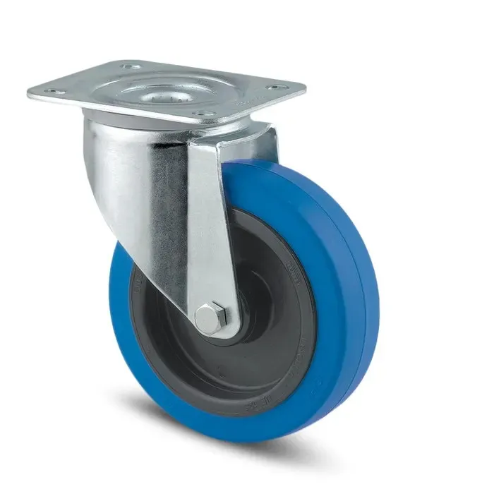 Roata pivotanta, din poliamida + cauciuc, albastra, fara frana, cu placa, 100 mm, 160 kg