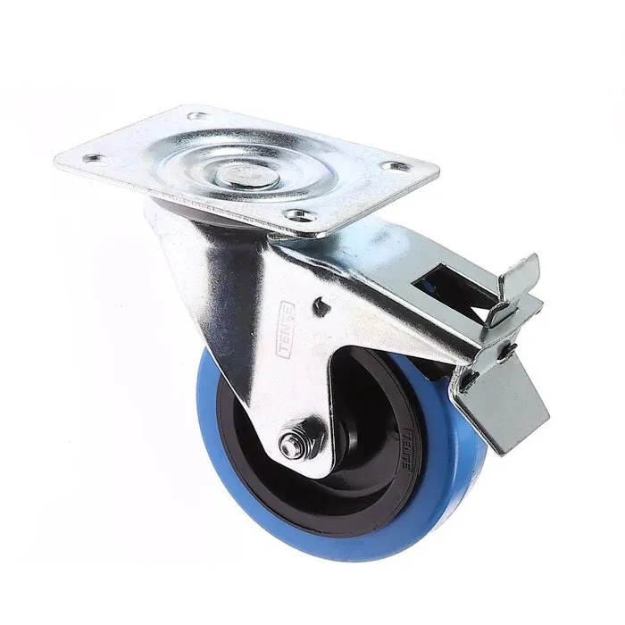Roata pivotanta, din poliamida + cauciuc, albastru, cu frana, cu placa, 100 mm, 160 kg