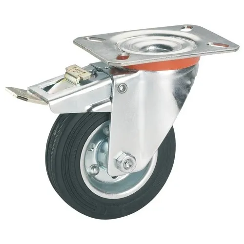 Roata pivotanta metalica & cauciuc plin Tarrox Ø80mm, placa fixare 105x80 mm, cu rulment si frana