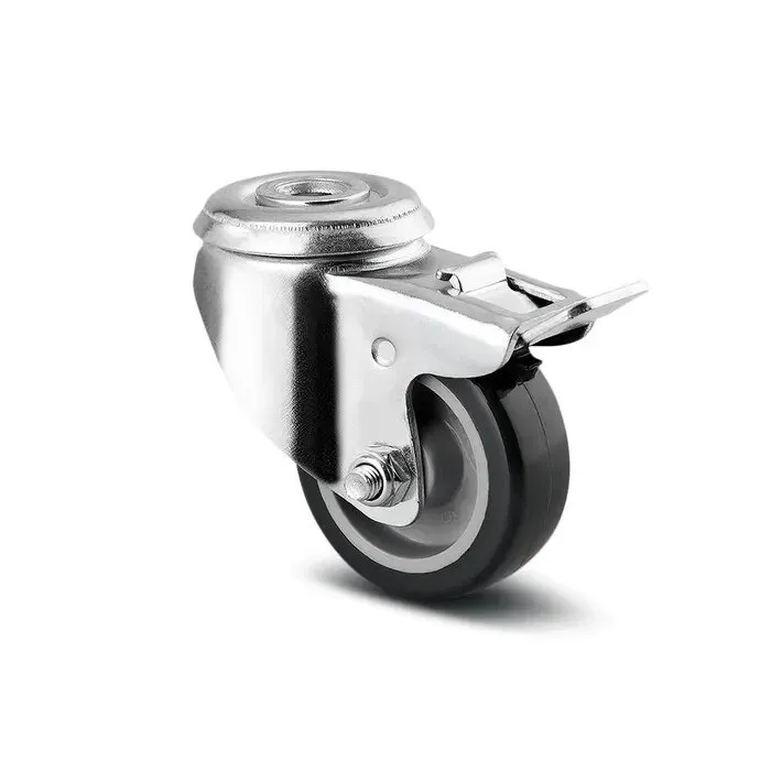 Roata pivotanta pentru carucior / mobila, din polipropilena + cauciuc, cu frana, cu alezaj, 50 mm, 40 kg