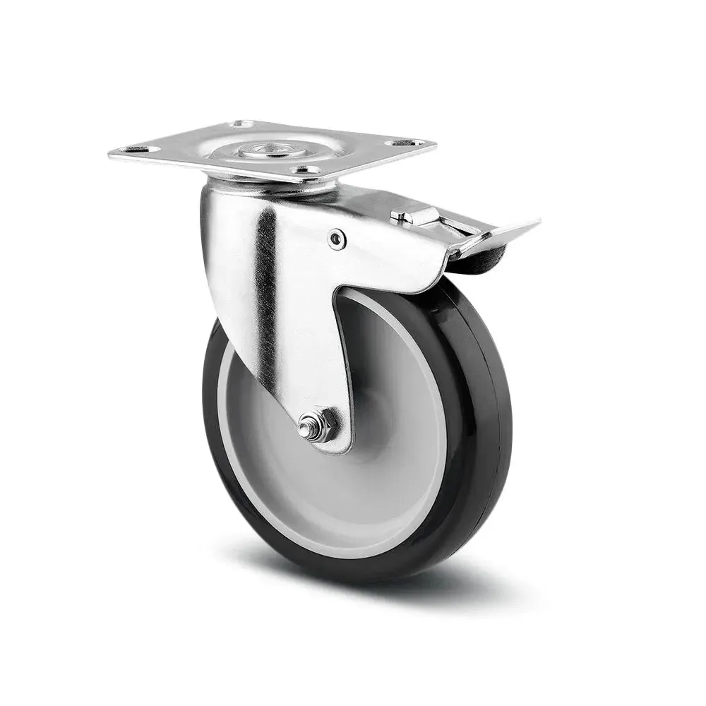 Roata pivotanta pentru carucior / mobila, din polipropilena + cauciuc, cu frana, cu placa, 75 mm, 60 kg