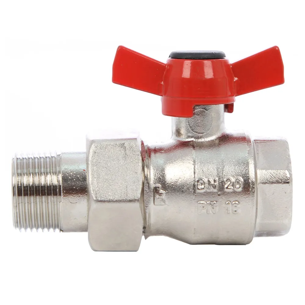 Robinet de inchidere cu bila Herz, alama nichelata, cu racord olandez, filet interior-exterior, DN 20, PN 16, maner fluture