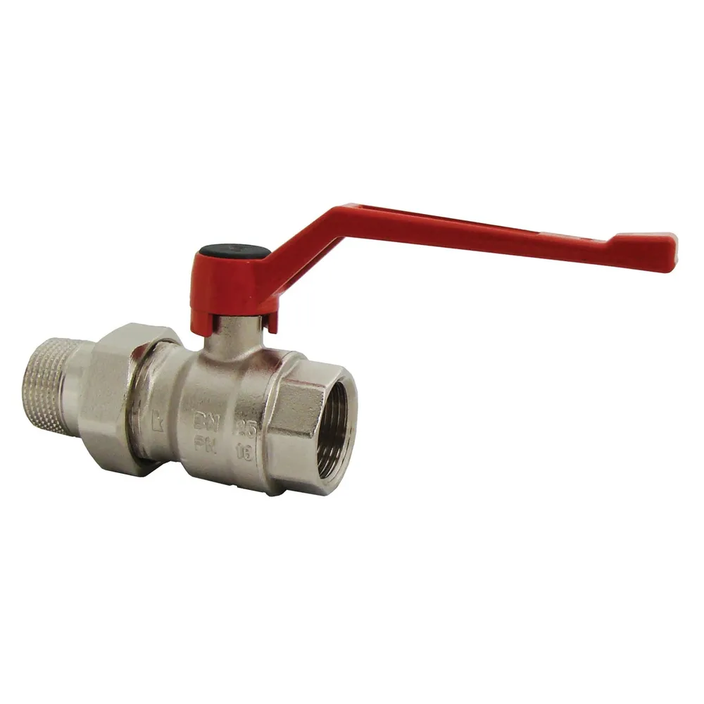 Robinet de inchidere cu bila Herz, alama nichelata, cu racord olandez, filet interior-exterior, DN 32, PN 16, actionare maneta