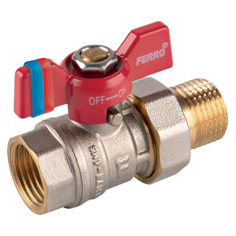 Robinet de trecere cu bila Ferro F-Comfort, cu racord olandez, alama, filet interior-exterior, 3/4", PN20, maner fluture